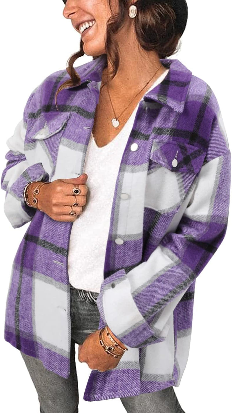 Stunshow Women's Plaid Button-Down Flannel Shacket Long Sleeve Coat Jacket - Trendy 2025 Collection