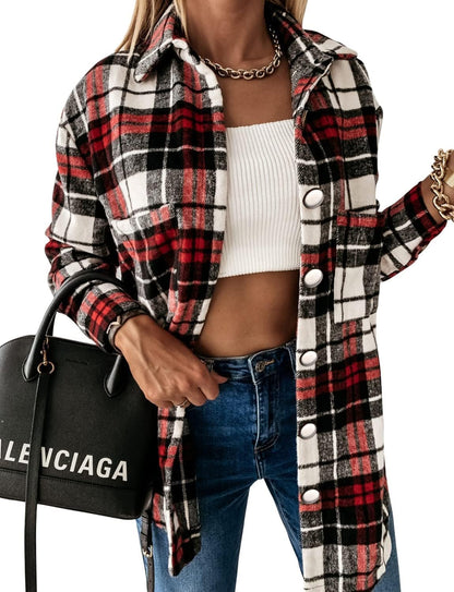 Stunshow Women's Plaid Button-Down Flannel Shacket Long Sleeve Coat Jacket - Trendy 2025 Collection