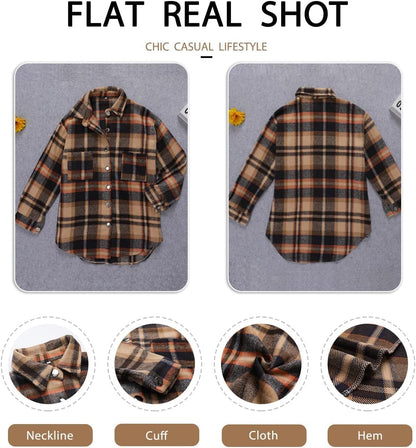 Stunshow Women's Plaid Button-Down Flannel Shacket Long Sleeve Coat Jacket - Trendy 2025 Collection
