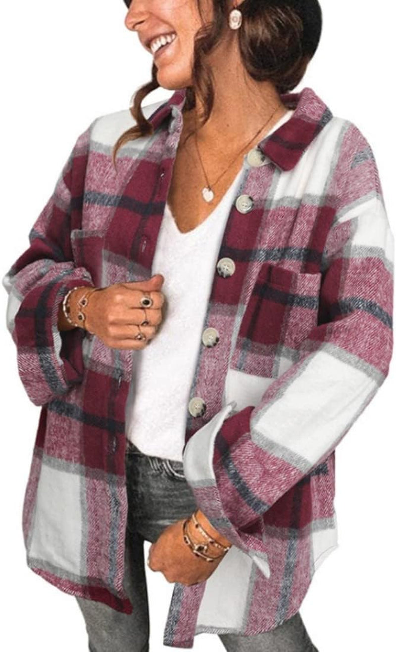 Stunshow Women's Plaid Button-Down Flannel Shacket Long Sleeve Coat Jacket - Trendy 2025 Collection