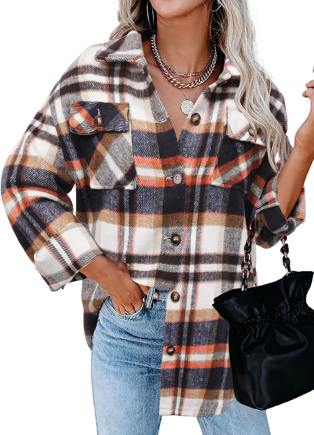 Stunshow Women's Plaid Button-Down Flannel Shacket Long Sleeve Coat Jacket - Trendy 2025 Collection