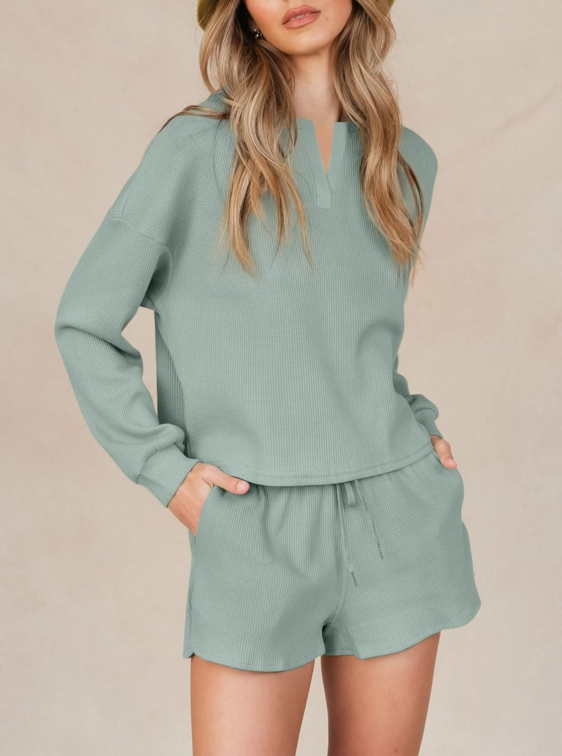 Women Waffle Lounge Sets - Long Sleeve and Shorts Pajama Set Two Piece Outfits for Women Sweatsuits Loungewear