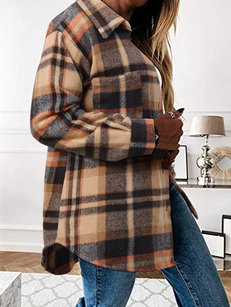 Stunshow Women's Plaid Button-Down Flannel Shacket Long Sleeve Coat Jacket - Trendy 2025 Collection