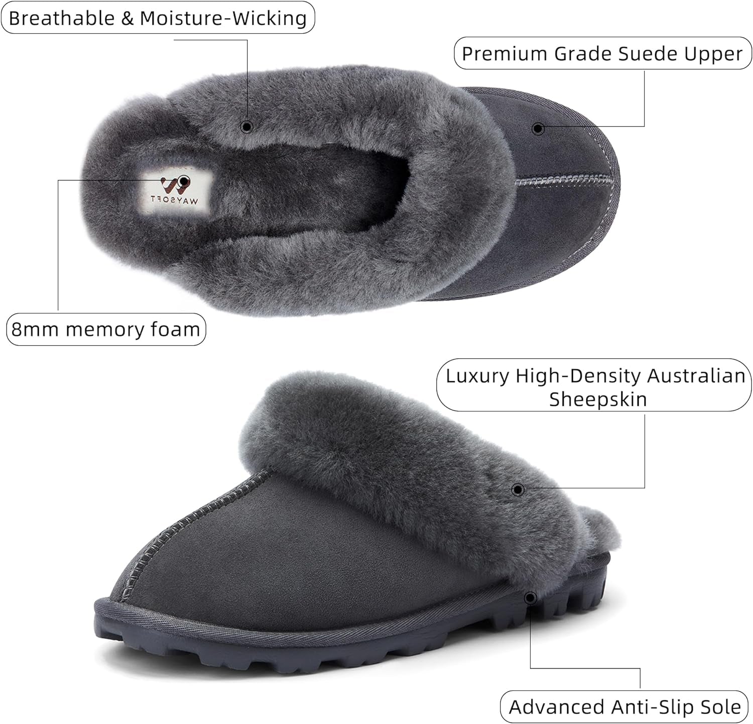 Waysoft Women'S Genuine Australian Sheepskin Slippers, 100% Shearling, 8Mm Memory-Foam, Hard Bottom Slipper